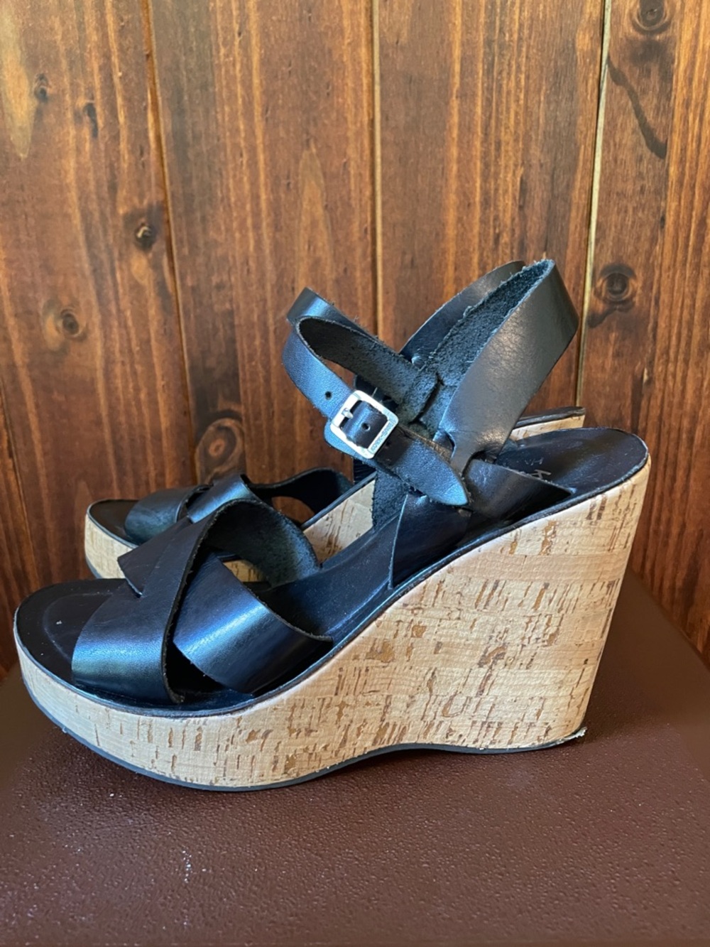 Kork-Ease Black Leather Cork Platform Wedge Sandals Sz9 - Picture 5 of 11